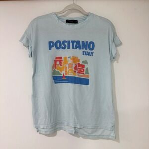 Junk Food Anthropologie Positano Italy Graphic Tee Womens XS Blue Ruffle Coastal